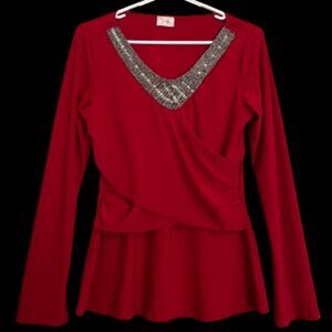 Women’s Red Beaded Fashion Blouse with Cinched Detail at Front Sz-XS-S